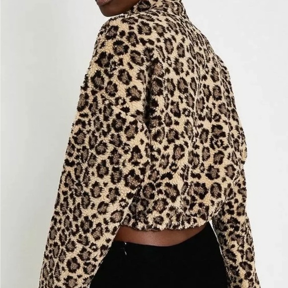 Urban Outfitters Fleece Crop Jumper Brown Beige Mix Leopard Print Neon Zip - Picture 12 of 14